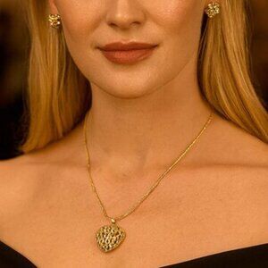 18K Gold Plated Zircon Heart Pendant Snake Chain Set